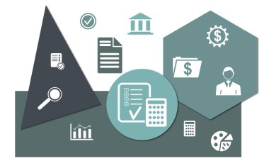 Geometrik şekiller arka planında simgeleri olan mali denetim kavramı