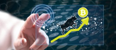 Dokunmatik ekranda parmaklarıyla bitcoin 'e dokunan bir kadın.