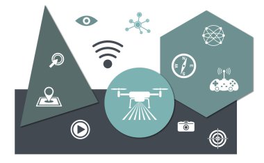 Geometrik şekiller arka planında simgeleri olan dron kavramı