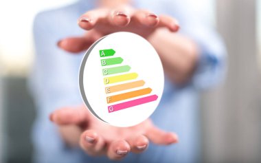 Arka planda bir kadının elleri arasındaki enerji verimliliği kavramı