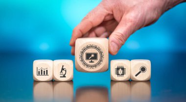 Wooden blocks with symbol of software update concept on blue background