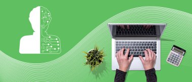 Makine öğrenme kavramının sembolü olan dizüstü bilgisayar kullanan ellerin üst görünümü