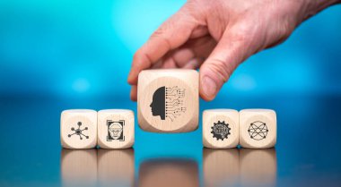 Mavi arkaplanda makine öğrenme kavramının sembolü olan tahta bloklar