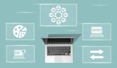 crm kavramının sembolü olan dizüstü bilgisayarın üst görünümü