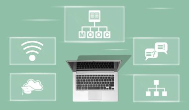 Mooc kavramının sembolü olan dizüstü bilgisayarın üst görünümü