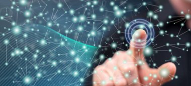 Onun parmak dokunmatik ekranlı cep bilgisayarlarda sanal ağ dokunmadan adam