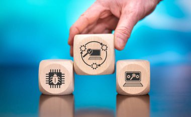 Wooden blocks with symbol of software update concept on blue background
