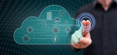 Dijital teknoloji kavramı bir dokunmatik ekranda parmaklarıyla dokunarak adam