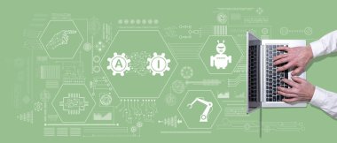 ai kavramının sembolü olan dizüstü bilgisayar kullanan ellerin üst görünümü