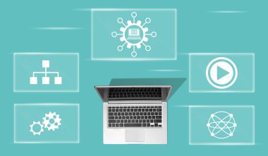 Mooc kavramının sembolü olan dizüstü bilgisayarın üst görünümü