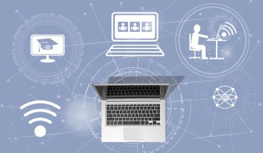 Webinar konseptini simgeleyen dizüstü bilgisayarın üst görünümü
