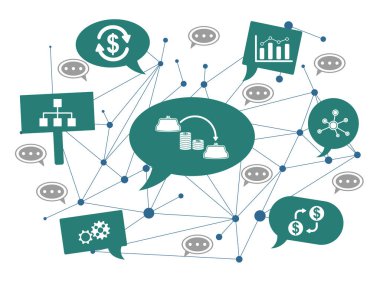 Konuşma balonlarında simgelerle para transferi kavramı