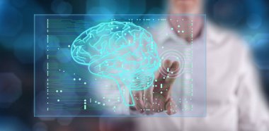 Adam dokunmatik ekranda yapay zeka kavramına parmağıyla dokunuyor.