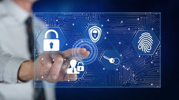 Человек трогает концепцию sca на сенсорном экране пальцем