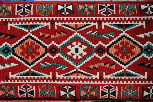 Traditional Turkish Carpet Kilim Motifs Geometric Motifs Red Background Konya — Stock Photo, Image