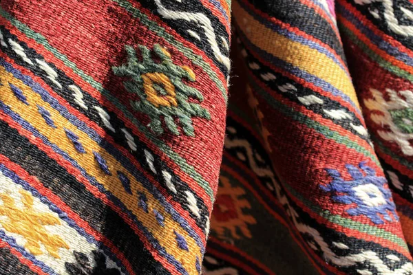 Detail Traditional Turkish Rug Hand Woven Rug Carpet Motifs Folds — Stock Photo, Image