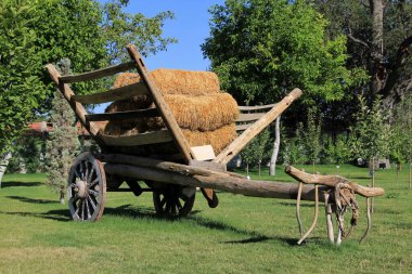 Bahçede samanla dolu yaşlı bir öküz arabası. Öküz arabası eski zamanlarda yük taşımak için kullanılan bir araçtı. Konya, Türkiye.
