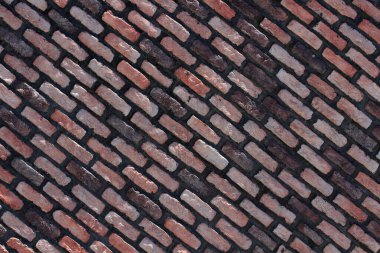 Tuğla duvar arka planı. Kırmızı, siyah, kahverengi tuğlalar duvarcılık arka planı. Mimari ve iç mimari için taş dokusu.