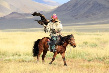 Kazak kartal eğitmenleri. Orta Asya 'da kartal yavruları yuvadan alınır ve avlanmak için evcilleştirilir. Kartallarla turistler için de gösteri yapıyorlar. Tolbo, Moğolistan.
