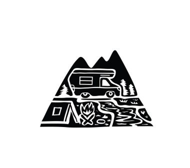 Dağ Silueti ile Macera Karavanı, sanat vektörü tasarımı