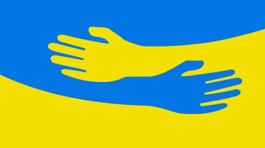 Support for Ukraine. Embrace icon, arms hugging in colors of Ukraine , War in Ukraine, attack from Russia. Papercut, hands hug linear logo template. Care, love and charity symbol, hand papercut