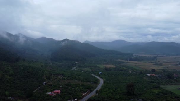 晨雾弥漫的高原上的一个村庄的空中景观 在泰国的冬季 一个村庄的无人机在山地背景下俯瞰着 自然景观背景 — 图库视频影像