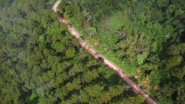 Dağ yolunun insansız hava aracı ve ormanda parlayan güneş manzarası. Tayland 'da yemyeşil güzel bir ormandaki tepenin en üst manzarası. Doğal manzara arka planı.