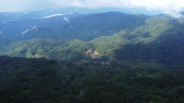 Sabahları sisli tropikal ormanın havadan görünüşü. Tayland 'daki güzel tropikal dağ ormanlarının insansız hava aracı manzarası. Doğal manzara arka planı.