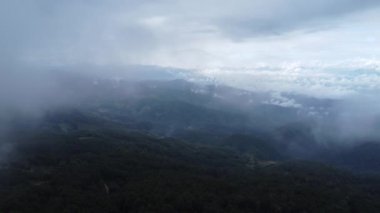 Sabahları sisli tropikal ormanın havadan görünüşü. Tayland 'daki güzel tropikal dağ ormanlarının insansız hava aracı manzarası. Doğal manzara arka planı.