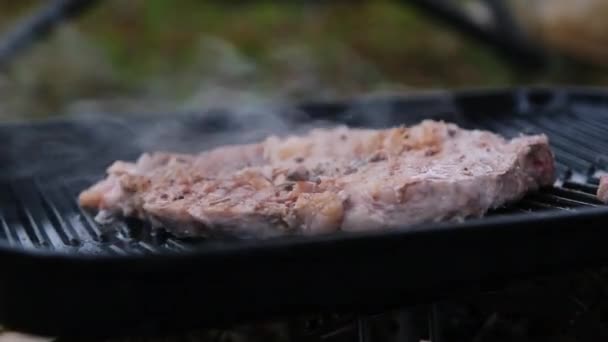 烤牛肉牛排 烤架上有香料和烟熏 — 图库视频影像