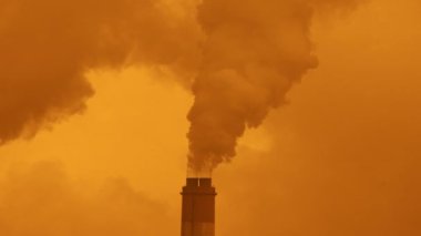 Yığından buhar çıkan bir kömür santrali görüntüsü. Sabahleyin sanayi dumanı kömür santrali yığını. Fabrika borusu havayı kirletiyor.