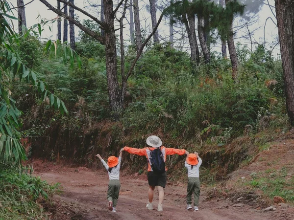 山の中で一緒にフィールドトリップに歩いて彼女の娘と幸せな若い女性 森の中をハイキングの冒険で家族 親は自然や植物について子供たちに教える — ストック写真