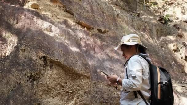 携帯電話検査自然を使用して女性地質学者 岩や小石を分析 研究者は生物材料のサンプルを収集します 環境生態学研究 — ストック動画