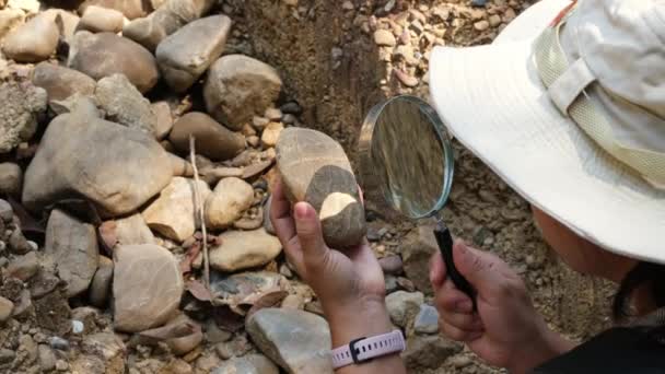 Female Geologist Using Magnifying Glass Examines Nature Analyzing Rocks Pebbles — Stok Video