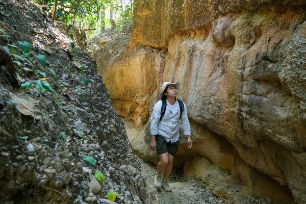 Female geologist with backpack exploring nature trail in forest and analyzing rock or gravel. Researchers collect samples of biological materials. Environmental and ecology research.