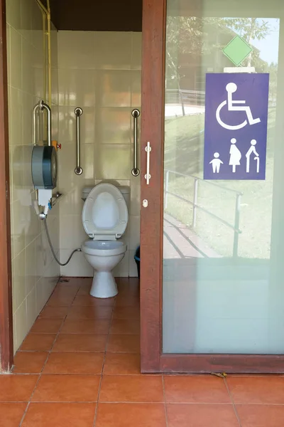 Modern disabled toilet for the elderly and disabled, with handrails and wheelchair access.