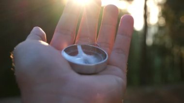 Doğal çam ormanı arka planında pusula elinde. Orman manzarasında el ele tutuşan pusula. Yaz dağlarında pusula arayan genç bir gezgin..