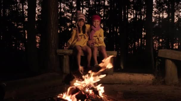 在寒冷的天气里 可爱的妹妹们在户外篝火边取暖 孩子们在篝火边玩得很开心 和孩子们一起在松林里露营在大自然中度假的快乐家庭 — 图库视频影像