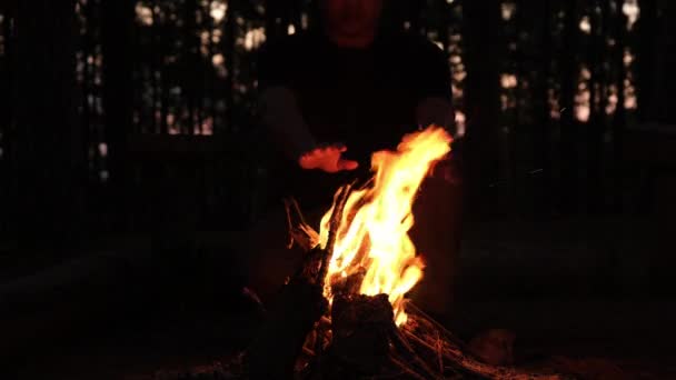 若いハイカーは山火事を起こし 夜になるとキャンプファイヤーの近くで暖まります 旅行者の男は テントの近くのキャンプで火災を点灯しながら 自然の中で時間を過ごす 旅とライフスタイルのコンセプト — ストック動画