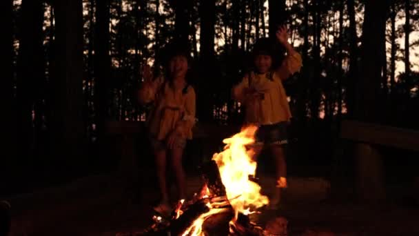 在寒冷的天气里 可爱的妹妹们在户外篝火边取暖 孩子们在篝火边玩得很开心 和孩子们一起在松林里露营在大自然中度假的快乐家庭 — 图库视频影像