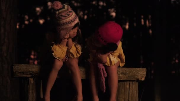 Roztomilé Sestřičky Teple Táboráku Venku Chladného Počasí Děti Baví Táboráku — Stock video