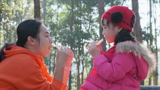 快乐的母亲和女儿在松林露营后早餐吃面包 冬天公园里快乐的母亲和小女儿的画像 有子女的家庭寒假 — 图库视频影像