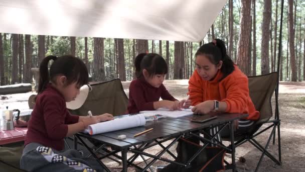 Mutter Und Kleine Tochter Machen Gemeinsam Hausaufgaben Park Asiatische Mutter — Stockvideo