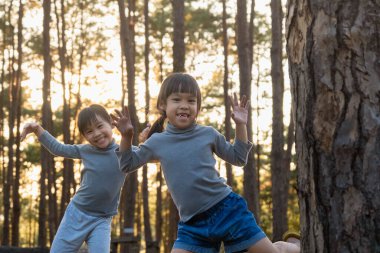 Kış parkında ağaçların arkasından gözetleyen komik küçük kız kardeşler. Ormanda saklambaç oynayan sevimli, gülümseyen bir çocuk. Çocuklar kameraya bakın ve gülümseyin. Mutlu aile doğada tatilde..