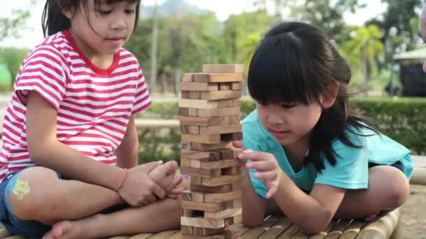 公園で一緒にJengaタワー木製ブロックゲームをプレイ興奮した子供とお母さん 週末のアクティビティを一緒に楽しむ子供たちと幸せな家族 — ストック動画