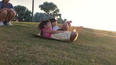 Happy sisters playing at the park slides down from the grassy hill sitting on a cardboard box. Happy children playing outdoors in summer. Family spending time together on vacation.