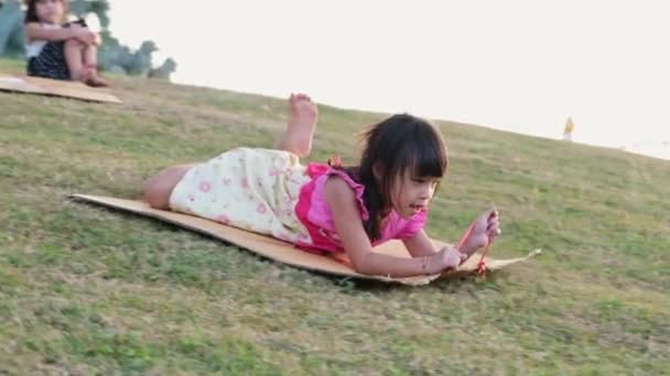 Happy Little Girl Playing Park Slides Grassy Hill Sitting Cardboard — Vídeo de stock