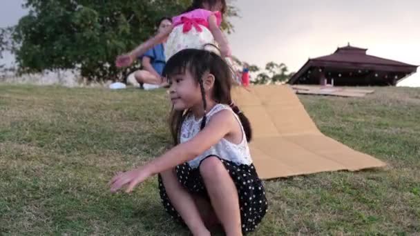 Happy Sisters Playing Park Slides Grassy Hill Sitting Cardboard Box — Vídeo de stock