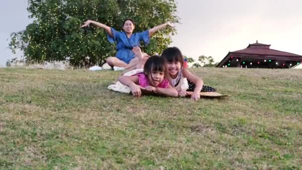 Happy Sisters Playing Park Slides Grassy Hill Sitting Cardboard Box — Video Stock