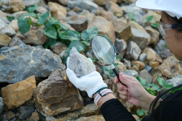 Female geologist using a magnifying glass examines nature, analyzing rocks or pebbles. Researchers collect samples of biological materials. Environmental and ecology research.